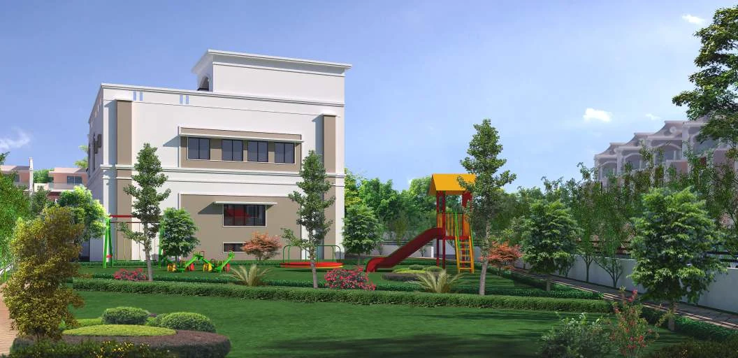 Architectural rendering of the landscaped park and children’s play area